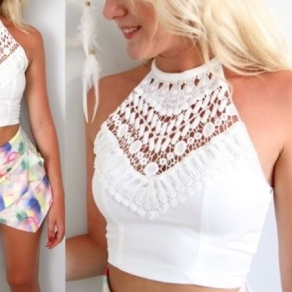 LF Rumor Boutique Crochet Bib Top White Halter Top